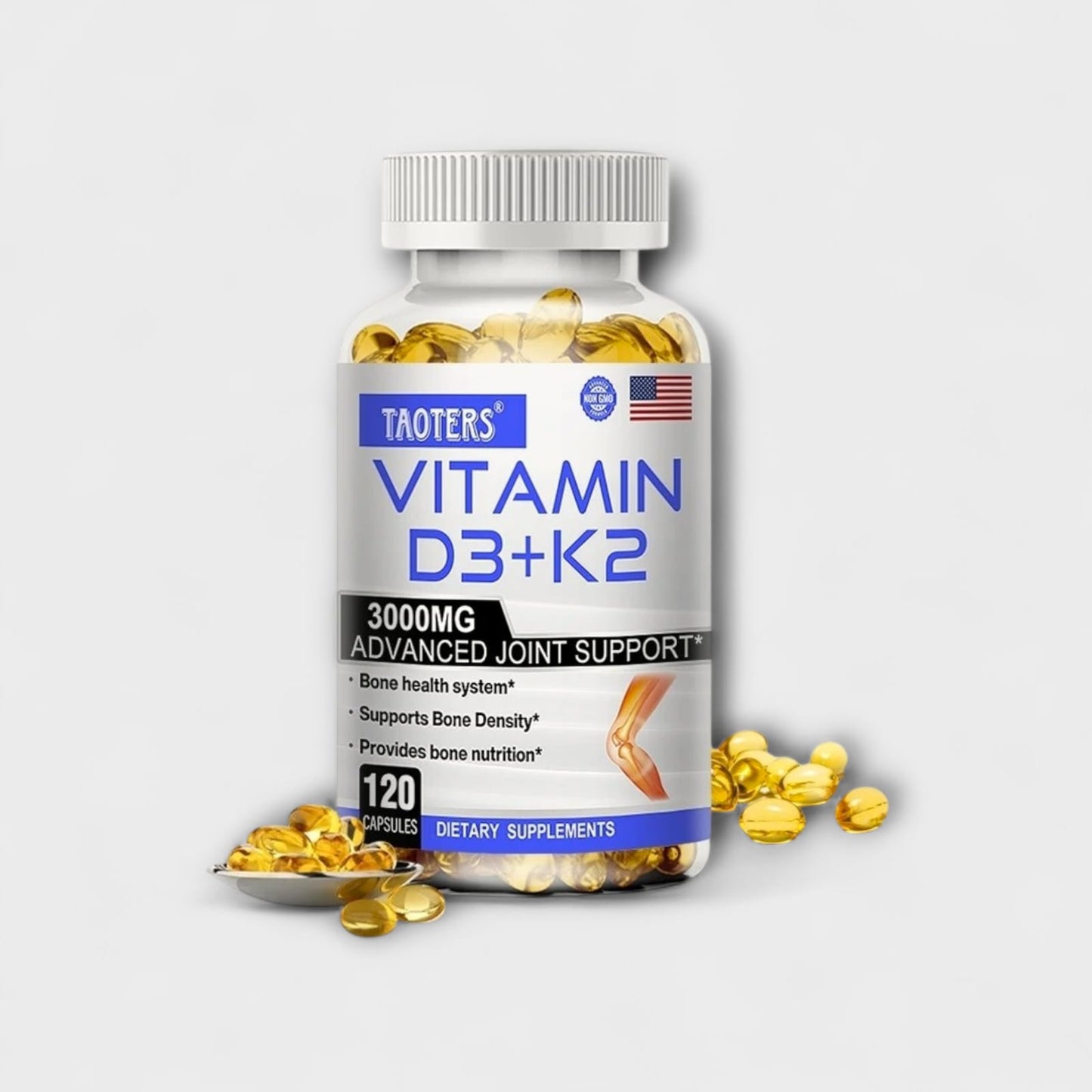 Suplemento premium de vitamina D3 + K2 con beneficios para huesos y corazón.