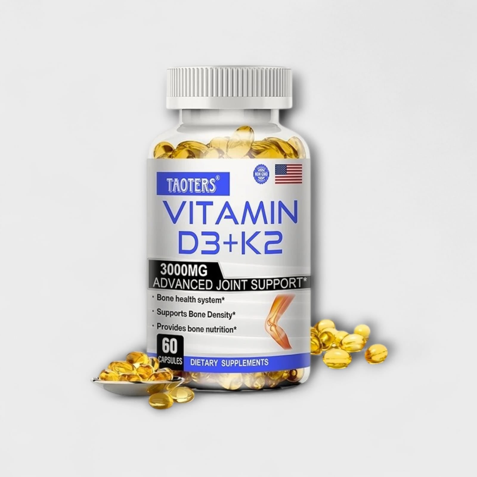 Suplemento premium de vitamina D3 + K2 con beneficios para huesos y corazón.