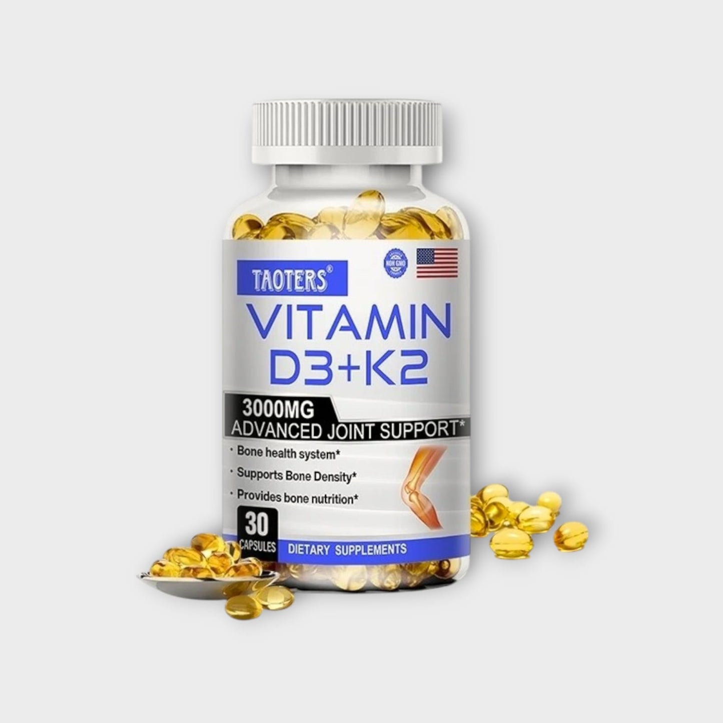 Suplemento premium de vitamina D3 + K2 con beneficios para huesos y corazón.