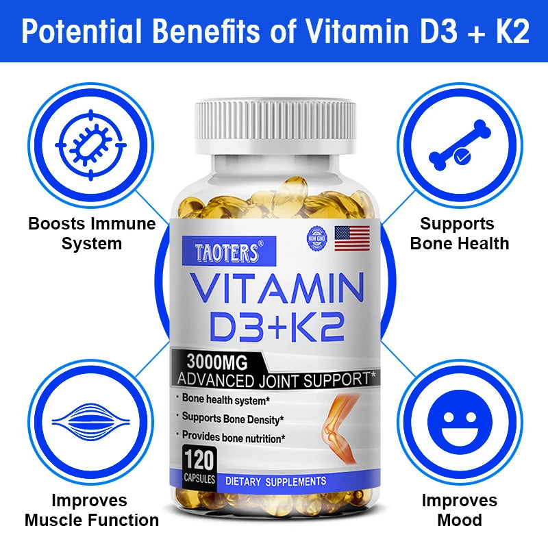 Suplemento premium de vitamina D3 + K2 con beneficios para huesos y corazón.