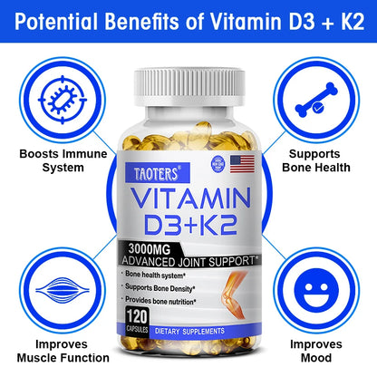 Suplemento premium de vitamina D3 + K2 con beneficios para huesos y corazón.